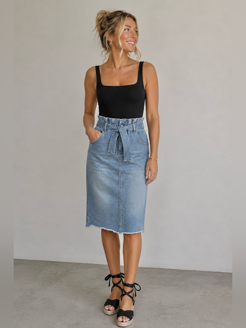 Hayden Light Blue Denim Paperbag Midi Skirt with Tie